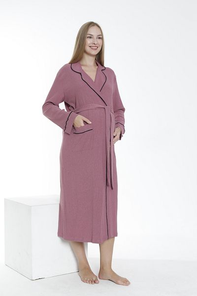 Miss Dünya Lissa Long Wrap Fabric Dressing Gown for Pregnant and Maternity - Collar and Sleeve Stripe Detailed