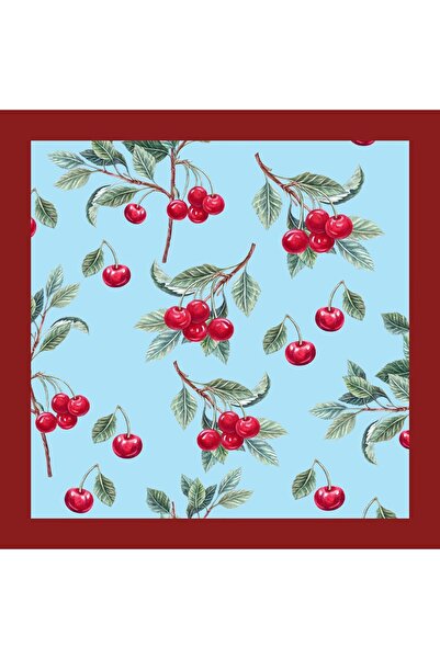 Modabutik Kadın Mavi Kırmızı Kiraz Desenli Bandana 70x70 DG0350-22