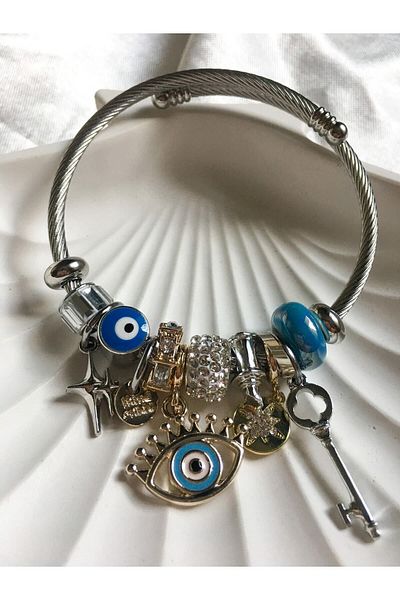 Snartun Adjustable Steel Bracelet with Blue Evil Eye and Key Charm - Special Box