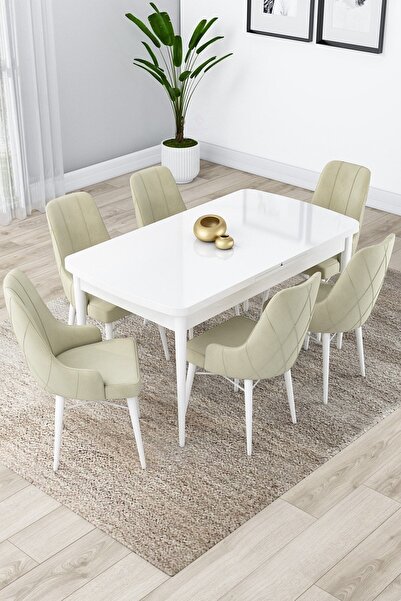 Canisa Concept Lia Serisi 80x132 Açılabilir Mutfak Masası Takımı Beyaz Masa 6...