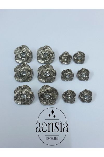 aensia Gold Rose Flower Model Center - Stoned Metalized Plastic Button Set 12 Pack (6 Large + 6 Small)