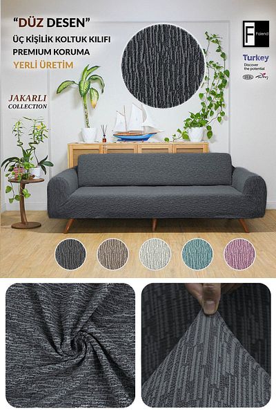 Faiend 3 Seater Jacquard Anthracite Sofa Cover - Elastic Sofa Cover