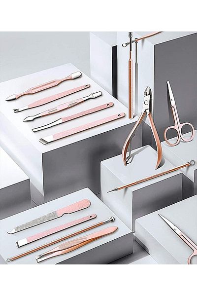 gaman 12 Piece Professional Hand and Foot Care Set - Eyebrow Scissors, Tweezers, Nail Clipper and File