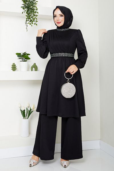 ModaMerve طقم حجاب أسود - تفاصيل حجرية، 280DVL897-M