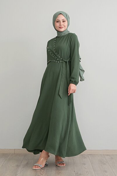 InStyle Khaki Ayrobin Dress - Pearl and Tie-up Front