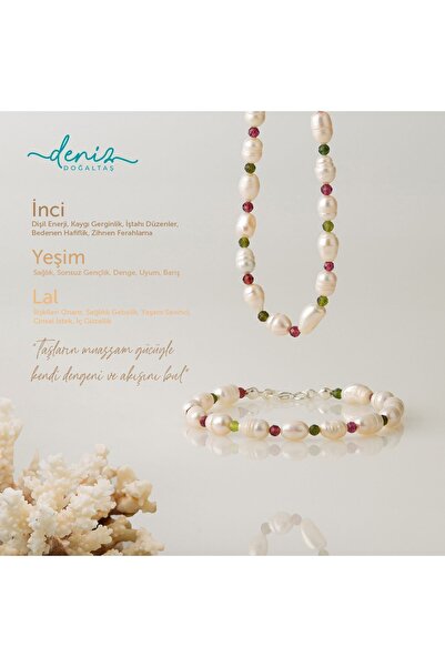 Deniz Doğal Taş Set İnci - Yeşim - Lal Gümüş Tasarım Kolye
