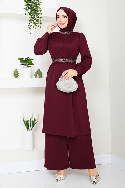 ModaMerve طقم حجاب أحمر كلاريت - تفاصيل حجرية، 280DVL897-M