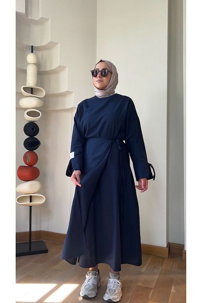QUBİ OFFİCİAL QUBI Linen - Rope Tied Wrap Skirt and Zero Collar Sleeves Set