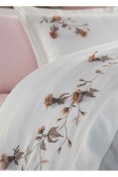 Dantela Anetta Double 3D Embroidered Duvet Cover Set - Cream/Powder