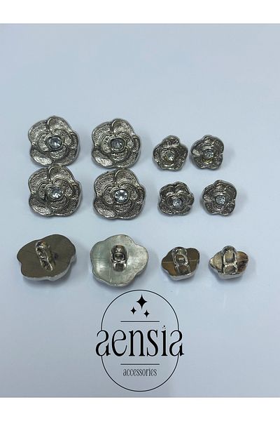 aensia Gold Rose Flower Model Center - Stoned Metalized Plastic Button Set 12 Pack (6 Large + 6 Small)