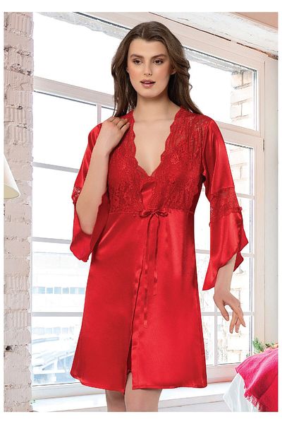 FAAL Satin Lace Detailed Nightgown Dressing Gown Set of 2 2119 Red