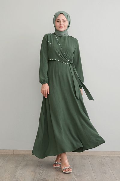InStyle Φόρεμα Khaki Ayrobin - Μπροστά με πέρλα και δέσιμο