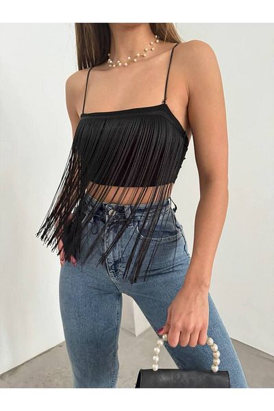 BİKELİFE Schwarzes kurzes Bustier mit Troddeln und Schnürriemen für Damen