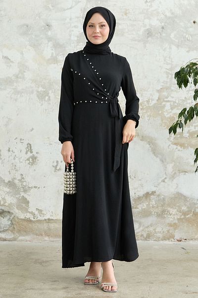InStyle Schwarzes Ayrobin-Kleid mit Perlenverzierung vorne