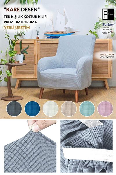 Faiend Flexible Stretch Elastic - Washable Square Patterned Single Armchair Denim Cover