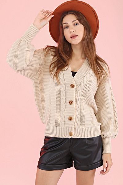 Devinka Stone Colored Hair Braided Balloon Sleeve Loose Knitwear Women's Cardigan