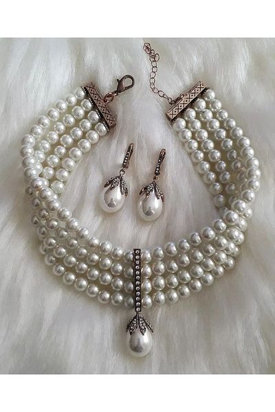 TMD AKSESUAR Drop Pearl Collar Necklace and Earrings