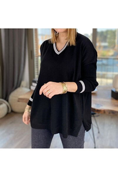 T Guel Women's Black V-Neck Glitter Detailed Long Sleeve Knitwear Sweater