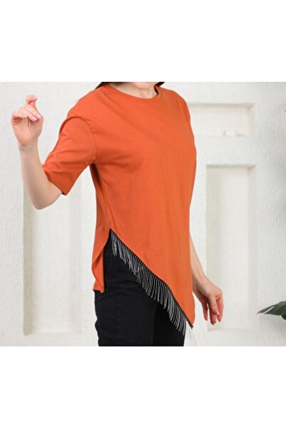 T Guel Kadın Kiremit Rengi Zincir Detaylı T-shirt