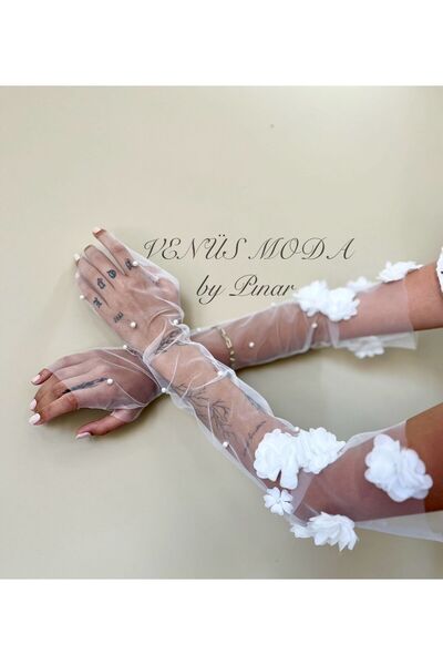 VENÜS MODA by Pınar İncili eldiven tül eldiven çiçekli gelin eldiveni uzun ni...