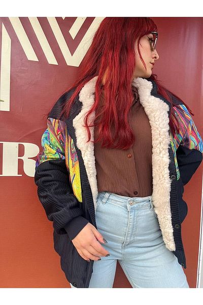 Aztek Vintage Oversize Retro Ethnic Rainbow Patterned Fur Jacket Lgdl3
