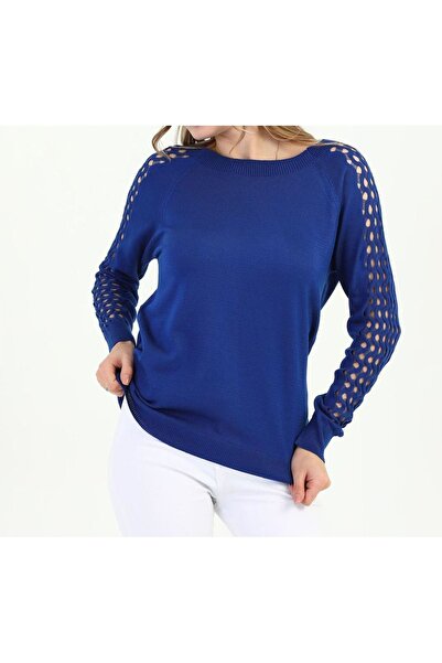 T Guel Kadın Saks Mavisi Kol Detaylı Triko Bluz