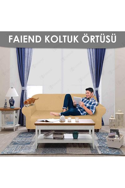 Faiend 3+3+1+1 Комплект еластични калъфи за диван и фотьойл, цвят „млечно кафе“, цвят „пчелна пита“