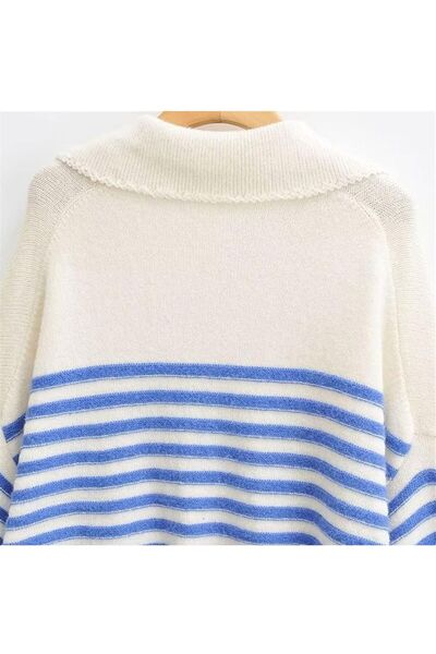 ARDSU Kadın Yun Kazak ,Kadın Büyük Beden Çizgili V Yaka Uzun Kollu Kazak (Renk: Mavi, )