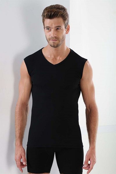 marmara qumasch Men's V-Neck Black T-Shirt and Sleeveless Undershirt Body - 2-Piece 100% Cotton