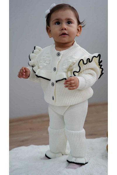 Meriç bebe Baby Girl Frill Detailed 2-Piece Knitwear Set with Cardigan and Trousers