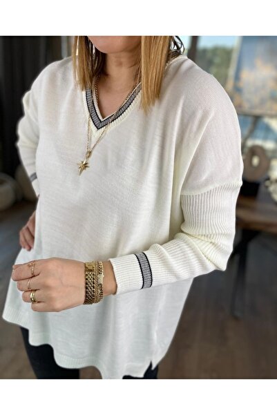 T Guel Women's Bone V-Neck Glitter Detailed Long Sleeve Knitwear Sweater