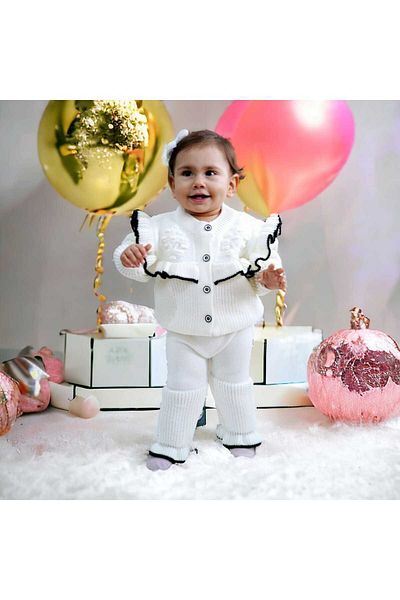 Meriç bebe Baby Girl Frill Detailed 2-Piece Knitwear Set with Cardigan and Trousers