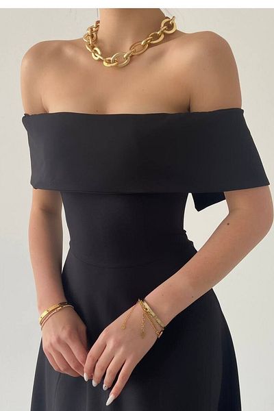 WOMAN VISION Černé šaty Atlas Flared Midi - Madonna Collar 222