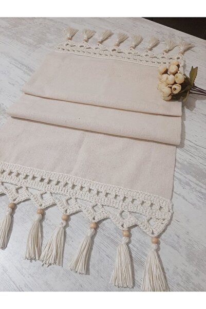 ZÜMAL El Örgüsü Makrome Keten Kumaş Runner 35x110 (Renk KREM )