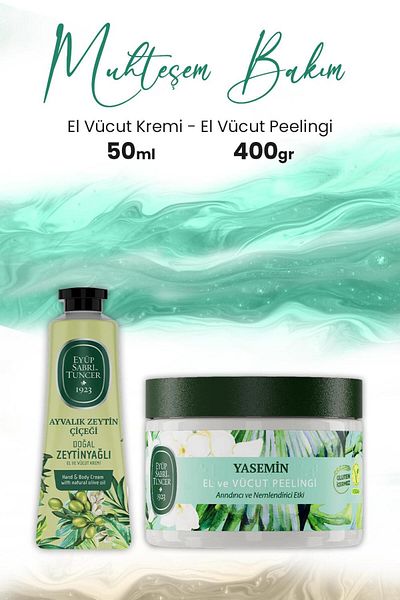 Eyüp Sabri Tuncer Hand Body Peeling Jasmine 400 gr and Hand Body Cream Ayvalık Olive Flower 50 ml