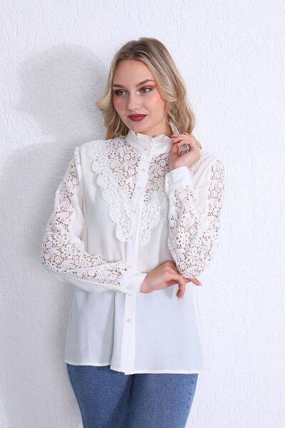 Loom Boutique Büyük Beden Dantel Garnili Krep Gömlek G0027