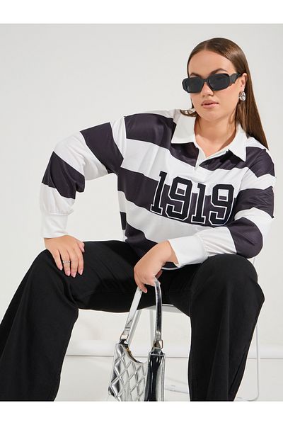 Styli Plus Size Color Block Oversized Embroidered Long Sleeve Polo T-shirt