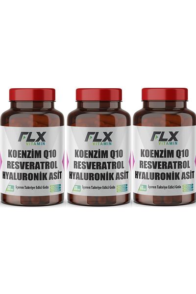 FLX Coenzyme Coenzyme Q-10 200 Mg Hyaluronic Acid Resveratrol 60 Tablets X 3 Box
