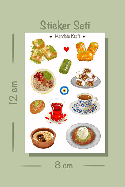 Handeto Kraft Türk tatlıları temalı Sticker Seti, 8x12 cm, çıkartma, bullet j...