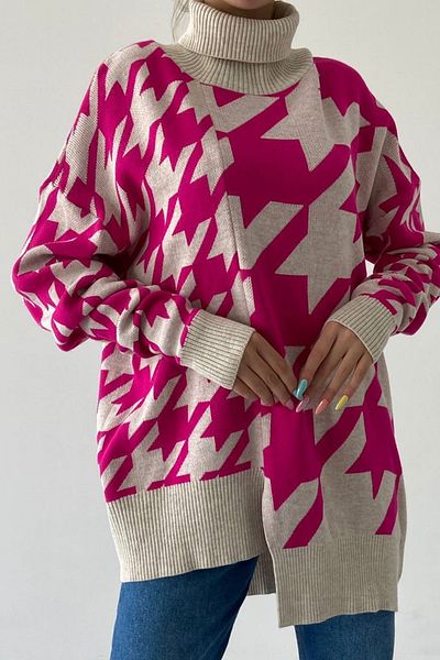 WOMAN VISION Pulover de tricotaj supradimensionat cu model geometric cu gât - 193