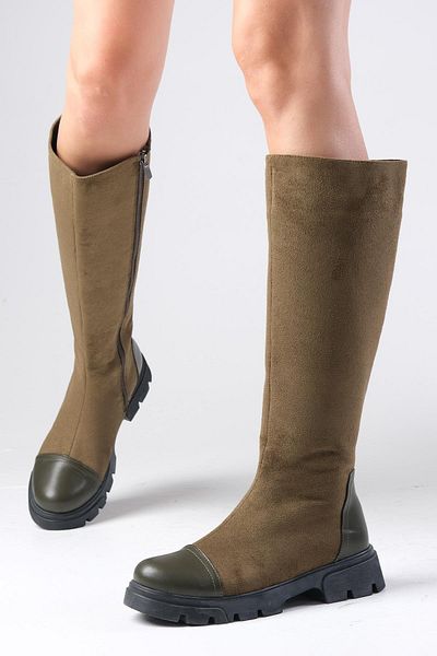 Mio Gusto Green Color Suede Side Zipper Thick Soled Women's Boots
