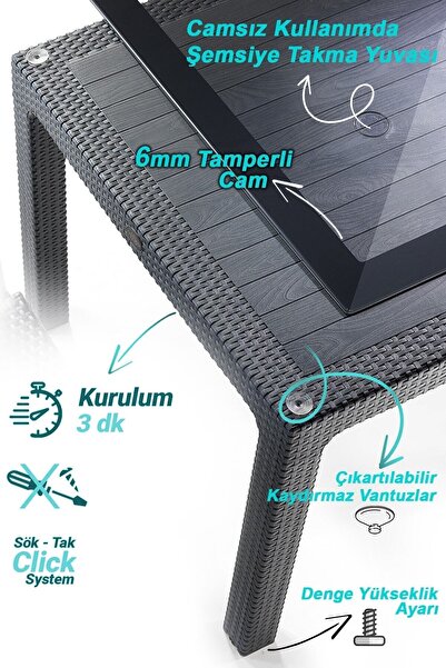 Novussi Nirvana Suya ve Güneşe Dayanıklı 6 Koltuklu 90x150 Dikdörtgen Camlı Masa Rattan Bahçe Balkon Takımı