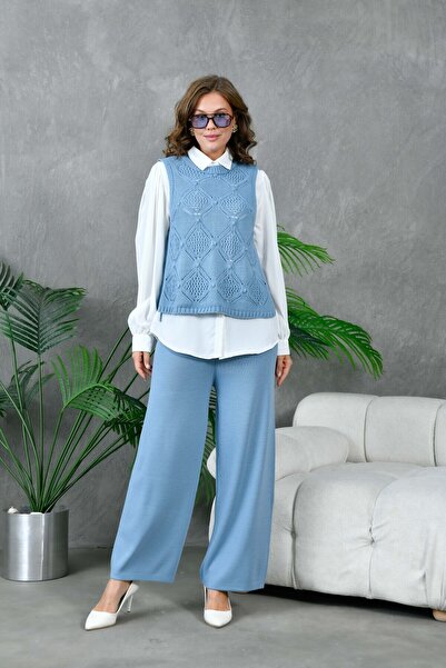 Miss Allos طقم قميص وبنطلون أبيض منقوش ومخرم للنساء