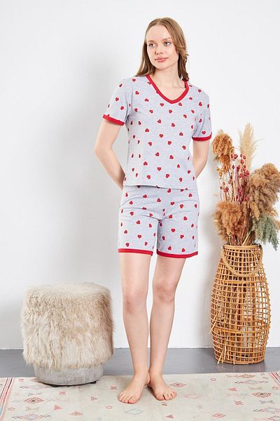CrazyShopping Red Cotton Knitted - Women's Pajama Set with Heart Shorts