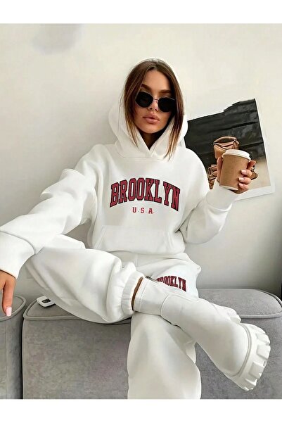 SeusCraft Μπρούκλιν Η.Π.Α. - Λευκό Σετ Φόρμας Jogger με Στάμπα και Κουκούλα