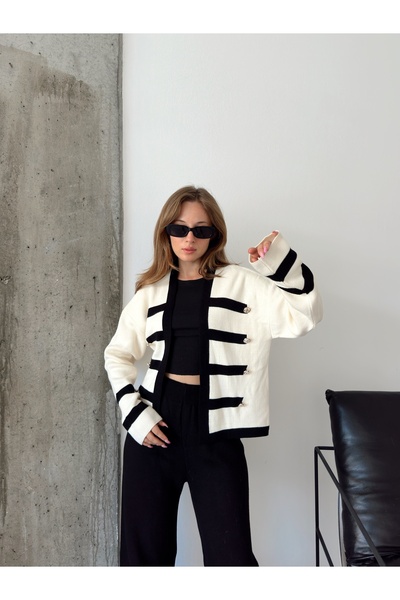 Benisengiydir Ecru Women's Knitwear Cardigan - Black Striped and Button Detailed