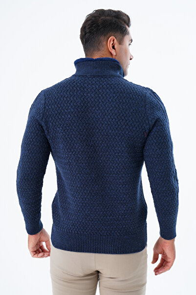 Trist Star Men's Furry Navy Blue Knitwear Sweater - Stand Collar, Short Placket, Button and Hair Braided Trist-5345