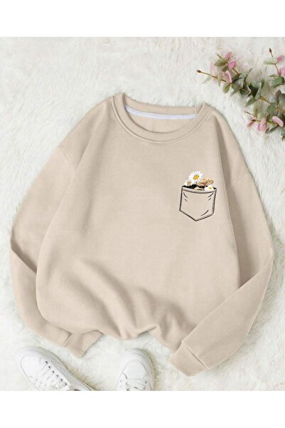 SeusCraft Bež Štampano Debeli zimski džemper - Dizajn sa cvetnim džepovima, O...