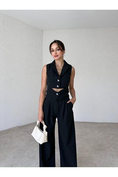 Rabia Çelik Black High Waist and Button Detailed Women's Dress - Pants and Vest Set