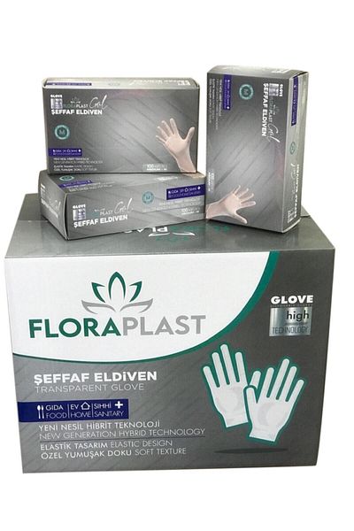 Floraplast Size L Disposable Transparent Elastic Gloves - Powder Free TPE/PE 100 Pieces